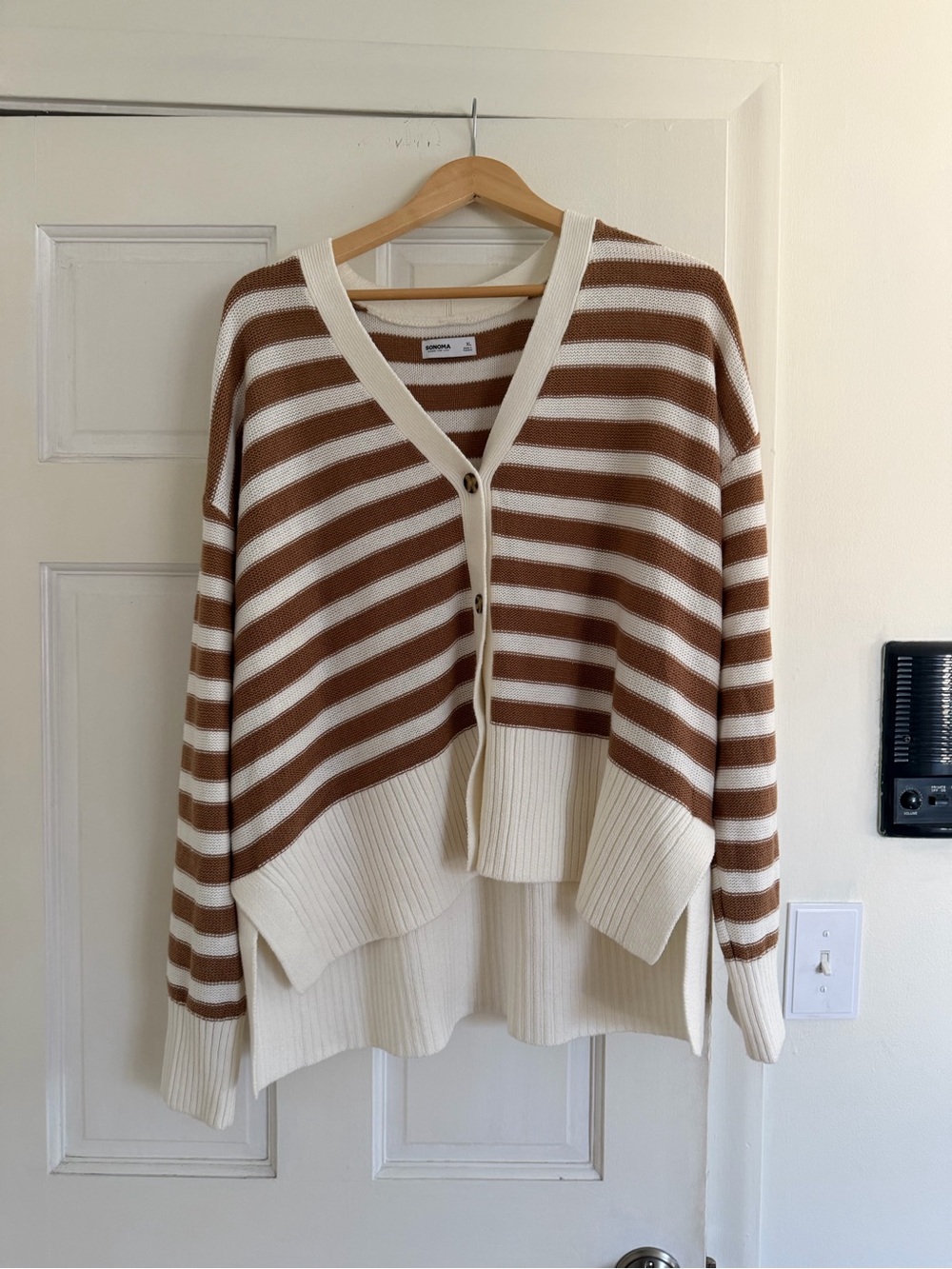 Sonoma Striped V-Neck Button Cardigan in Brown and Cream
